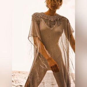 FRINGED METALLIC THREAD KAFTAN DRESS